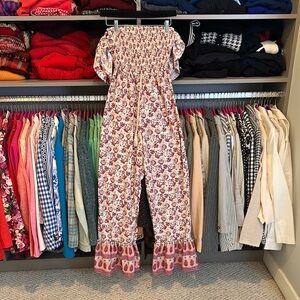 B.O.G. Collective cream/purple/pink floral ruffled smocked bust jumpsuit size XS
